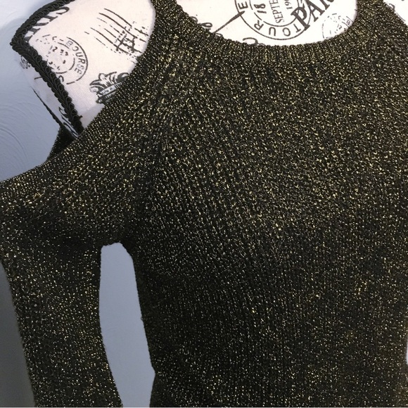 DKNY Cold Shoulder Knit Metallic Sweater Long Sleeve in Black Gold Size Medium - Picture 5 of 14